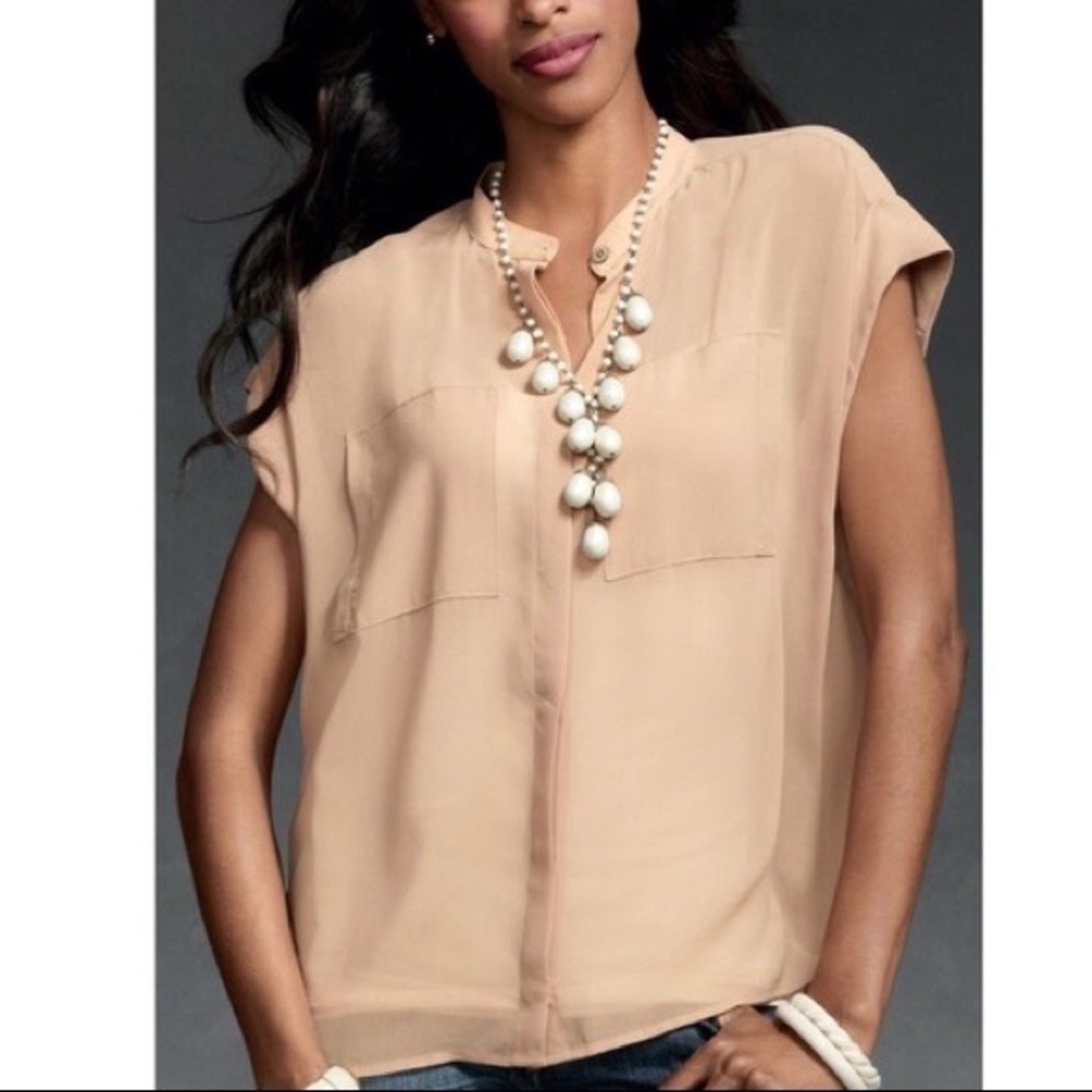CAbi Chai Tea Side Pocket Sheer Blouse Size Small‎
